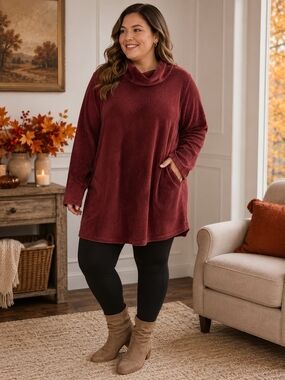 Jones New York XL Burgundy Velour Cowl Neck Tunic Top Pockets Long Sleeve